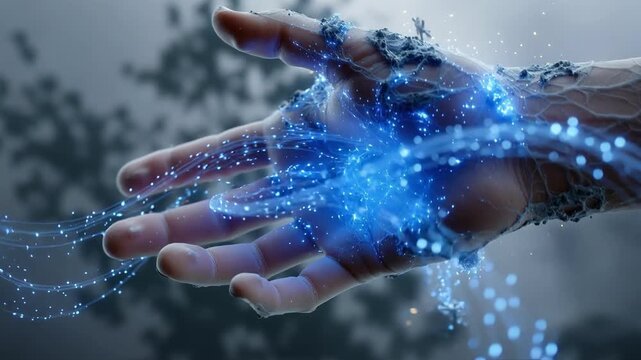 Human hand glowing with blue light symbolizing nerve activation and healing energy