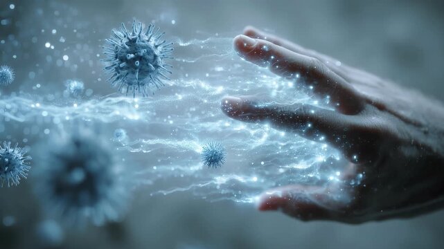 Human hand extending toward floating virus in bright immune system visualization