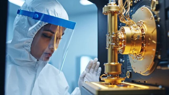 Female scientist in a sterile suit and face shield meticulously operating advanced, intricate machinery in a high-tech research and development laboratory