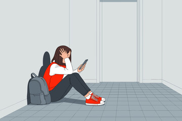 Worried student girl sitting on floor using mobile phone in school hallway with backpack suffering from stress and anxiety about academic failure feeling overwhelmed and hopeless for education and men