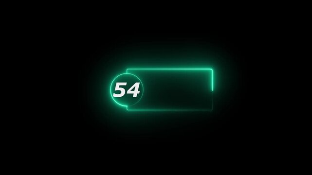 Blue Neon Number 54 Inside Circle With Rectangular Frame On Black Background sixty five numeral