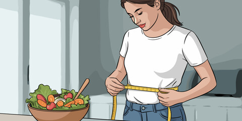 Fit woman measuring waistline with tape measure near healthy vegetable salad bowl for weight loss diet and nutrition concept in modern lifestyle wellness illustration for healthcare advertising and fi