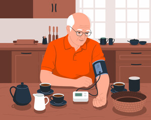 Senior man checking blood pressure at home in kitchen setting geriatric male using medical device for healthcare monitoring wellness diagnostic tool for hypertension awareness and prevention elderly l