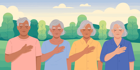Diverse group of senior citizens with hands over heart in patriotic display of unity and solidarity in nature setting honoring country for community event public service announcement lifestyle illustr