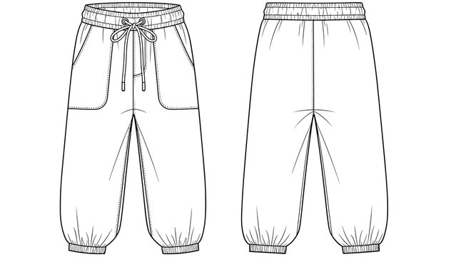 Fashionable baggy jogger pants with pockets sketch showcase modern apparel design, perfect for casual streetwear, athletics, yoga, or dance apparel with stylish elastic waistbands.