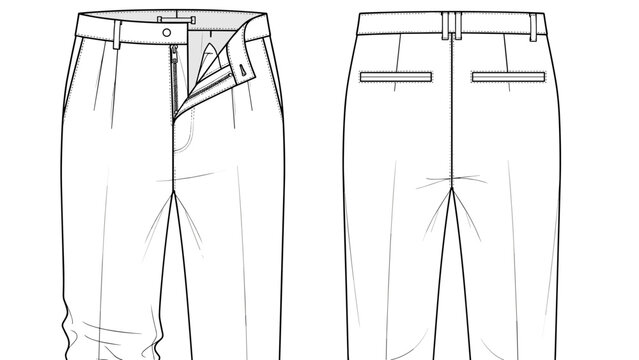 Elegant pleated trousers detailed sketch showcasing tailoring and design with flat front style in classic fashion, ideal for presentations, tech packs, or apparel design projects,.