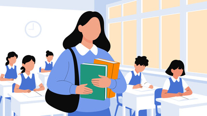Dedicated female teacher holding books in classroom with students learning educational concept school education system teacher student interaction knowledge transfer for student success learning envir