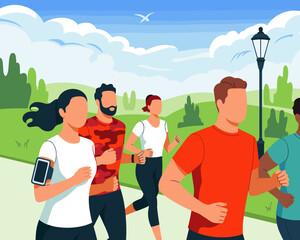 Diverse group of people running jogging outdoors in green park landscape for healthy lifestyle fitness wellness wellbeing concept illustration Active young adults exercising together cardio workout fo