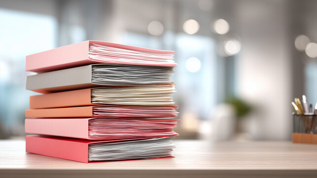 Colorful folders filled with paperwork stacked on a clean office table in bright lighting perfect for admin visuals, organization and productivity themes
