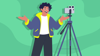 Enthusiastic young man recording video blog with smartphone on tripod for online content creation tutorial channel social media influencer marketing strategy in modern studio vlog presentation for tec