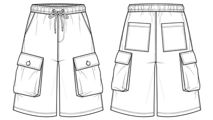 Fashionable technical drawing of men's cargo shorts with pockets showcases streetwear style for apparel design and garment construction, suitable for fashion illustration, pattern.