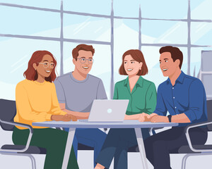 Diverse professional business team having online video conference meeting using laptop computer in modern office workspace happy employees collaboration teamwork concept for corporate training present