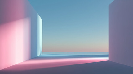 Minimal open space scene with pastel gradient light and clean architectural forms ideal for creative design concepts, dreamscape art and background visuals
