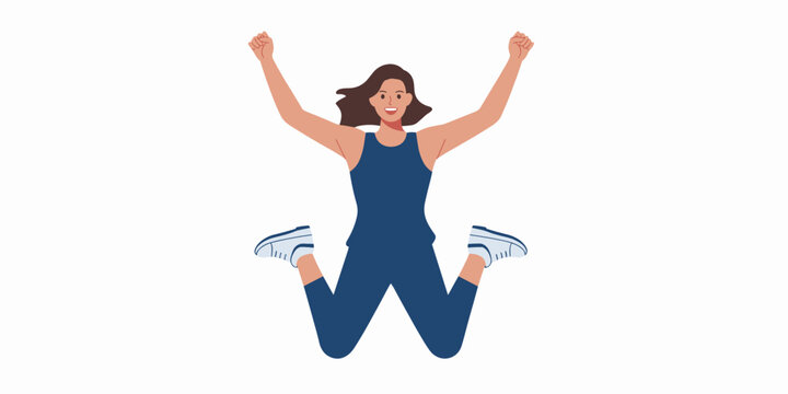 Enthusiastic woman jumping celebrating success achievement goals in active sportswear fitness happy lifestyle healthy energetic woman full body illustration for wellness programs sports advertising mo - Powered by Adobe