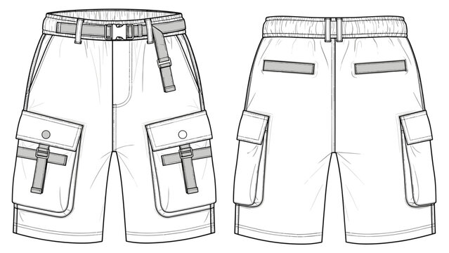 Technical flat sketch of cargo shorts showcasing the front and back views with pockets, belt loops, and adjustable belt; designed for fashion, activewear, and casual style illustra.
