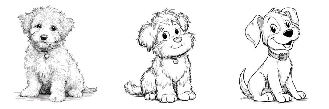 Set of A dog sleeping peacefully in a curled position, cute cartoon design, kids coloring book illustration, vector line art, thick on transparent png background. Ai generated