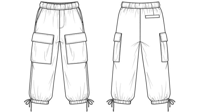 Fashionable jogger pants line drawing for fashion design, apparel creation, and technical sketches displaying detailed features, pockets, cuffs, and style aesthetics for clothing i.