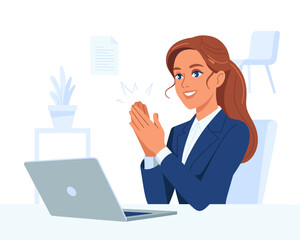 Smiling businesswoman clapping hands in modern office environment with laptop computer successful project completion acknowledgement concept professional appreciation for corporate achievement and tea