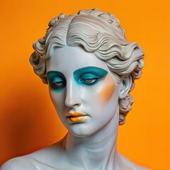 Captivating Venus De Milo Marble Statue Adorned With Contemporary Smoky Eyes Makeup Set Against a Vibrant Orange Backdrop