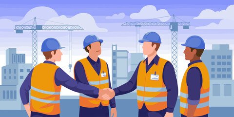 Diverse construction workers shaking hands on building site vector illustration construction industry teamwork collaboration concept construction company engineering architecture partnership deal cons