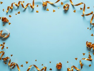 Bright and festive gold decorations on a light blue surface for celebrations and parties