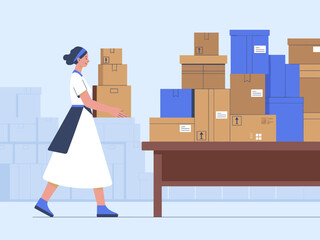 Smiling woman carrying stack of cardboard boxes in warehouse for shipping and delivery services supply chain management professional illustration of moving company employee at work for logistics and d