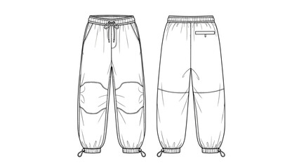 Technical flat sketch illustration of casual jogger pants design, showing front and back views,  for fashion apparel, design, textiles, style, fashion, sportswear, and technical d.