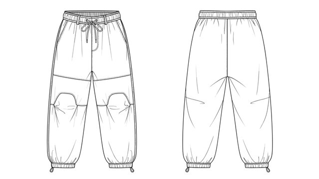Fashion illustration of stylish jogger pants with drawstring, side pockets, and elastic cuffs displaying a casual garment design for apparel creation and clothing design in a techn.