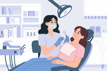 Female dentist examining patient teeth in dental clinic cartoon illustration of woman doctor in mask performing checkup oral hygiene procedure healthcare medicine concept for medical advertising and p