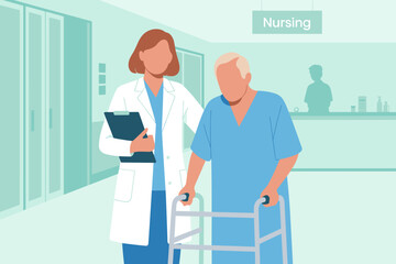 Caring doctor helping senior patient with walker in hospital hallway for rehabilitation recovery support healthcare assistance elderly care facility professional medical illustration for clinic websit