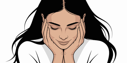 Attractive woman with long black hair resting chin on hands in peaceful contemplation serene relaxation facial expression skincare beauty treatment wellness spa cosmetic product advertising and market