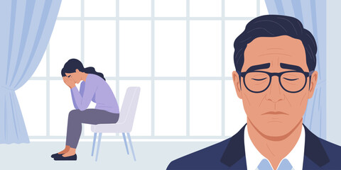 Depressed business executives feeling anxiety and stress in office environment facing mental health challenges with burnout and workplace worries needing therapy and counseling for corporate wellness