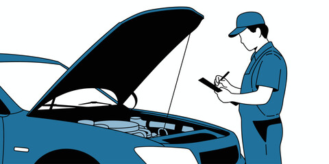 Car mechanic inspecting vehicle engine with open hood writing on clipboard in auto repair shop service center professional automotive maintenance technician occupation for transportation industry diag