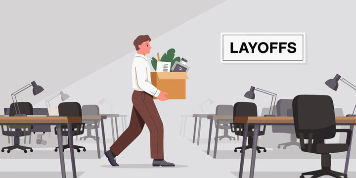Fired employee carrying box of belongings leaving office workspace after layoffs announcement staff downsizing job loss employee dismissal workforce reduction unemployment in corporate business financ