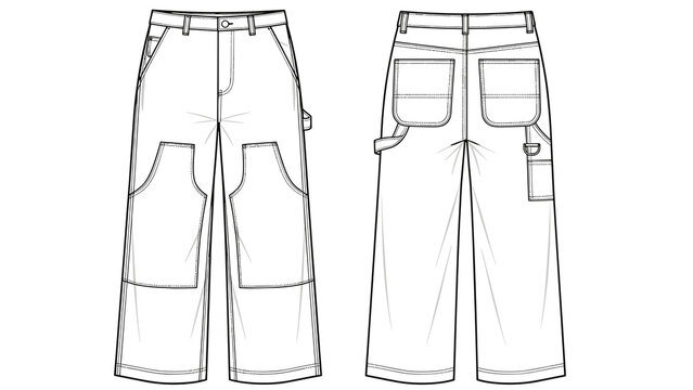 Wide-Legged Carpenter Pants Fashion Flat Sketch Templates Illustrate Garments Design for Womenswear Apparel with Pockets and Tool Loops, Showcasing Technical Drawings and Construct.