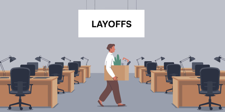 Sad man carrying box after layoffs in empty office space with desks and computers professional corporate downsizing employee fired from job unemployment business concept for presentation website and s