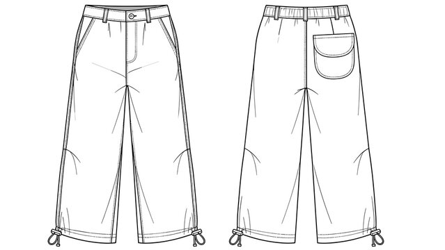 Fashionable wide-leg pants technical sketch showcases modern women's apparel design, presenting stylish trousers with drawstring tie details for fashion industry presentations, mar.