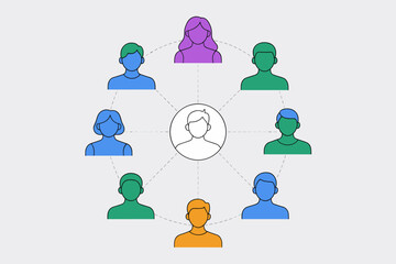 Diverse team network connected to central leader person illustration depicting communication collaboration partnership concept for business solutions teamwork management structure corporate strategy s
