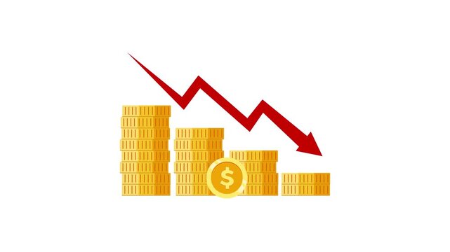 Gold coin stacks decreasing with red arrow showing financial loss