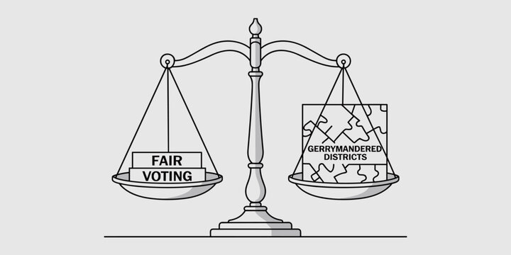 Fair voting versus gerrymandering districts shown on scales for political balance election integrity representation government illustration political science concept for campaign marketing materials a