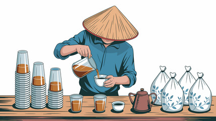 Vietnamese coffee preparation illustration man in traditional hat pouring coffee from glass pitcher into cup with stacks of cups and coffee bean sacks on table for cafe menu or cultural promotion vibr