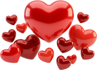 Collection of Red Hearts Floating on Transparent Background