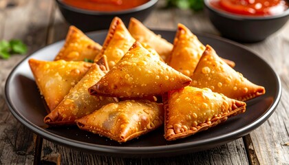 Golden Samosas - A Delicious Indian Snack on a Rustic Wooden Table.