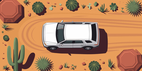 Aerial view of white SUV driving through arid desert landscape with cacti and rock formations adventure exploration vehicle for off roading travel and tourism in dry climate vacation getaway concept t