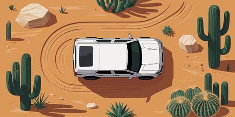 Aerial cartoon view of white suv car driving through desert landscape with cacti and arid plants leaving tire tracks in sand adventure vehicle off roading exploration for travel blogs automotive marke