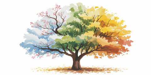 Watercolor painting of tree showing four seasons spring summer autumn winter with pink blossoms green leaves yellow foliage and snow artistic illustration of nature concept for environmental awareness