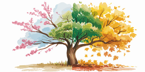 Vibrant watercolor painting of tree depicting all four seasons spring summer autumn and winter with colorful leaves and blossoms artistic nature illustration for seasonal backgrounds and creative proj