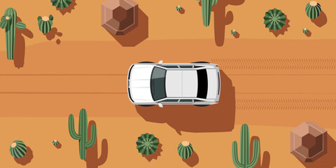 Aerial view of white suv car driving through arid desert landscape with cacti plants desert vehicle adventure travel graphic illustration for automotive industry offroad transportation exploration and