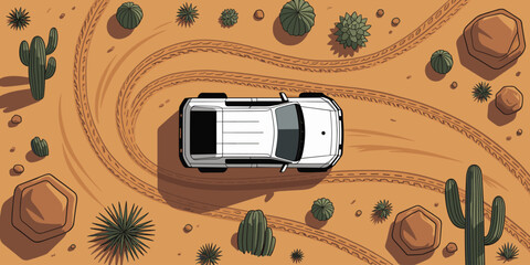 Aerial view of white suv car driving through desert landscape with cacti illustration in summer sunshine off road vehicle adventure travel exploring nature tourism transportation automotive concept fo