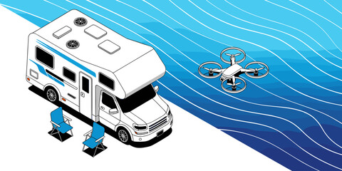 Isometric RV Camper Van with Drone Flying Overhead for Travel and Tourism Advertising Marketing Illustration. Recreational Vehicle and Quadcopter for Remote Aerial Photography and Videography for Summ